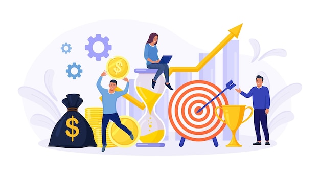 Prévisions financières. Petites personnes économiques, pigistes, employés ou gestionnaires faisant des plans d'investissement. Prévision de croissance monétaire et rapport d'avancement. Retour sur investissement. Croissance des revenus, bénéfices