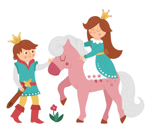 Prince De Conte De Fées Avec Princesse Sur Un Cheval Rose Sur Fond Blanc Vecteur Fantaisie Jeune Monarque En Couronne Avec Fille Personnages De Contes De Fées Médiévaux Icône Souveraine Magique De Dessin Animé Scène D'amourxa