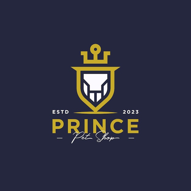 Vecteur prince pet shop logo design symbole de patte avec bouclier et couronne logo vector illustration design