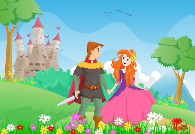 Prince Et Princesse De Dessin Animé Heureux Avec Un Fond De Château