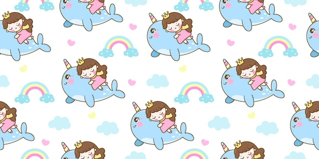 Princesse Modèle Sans Couture Dormir Sur Un Animal Kawaii De Dessin Animé Mignon Narval Doux Rêve