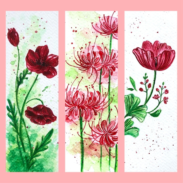 Printbelle Peinture à La Main Ensemble De Marque-pages De Fleurs. Fleurs Colorées. Peinture à L'aquarelle.