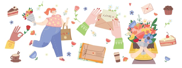 Le printemps est dans l'air jolie fille tenant un bouquet de fleurs vecteur stock illustration design pour le...
