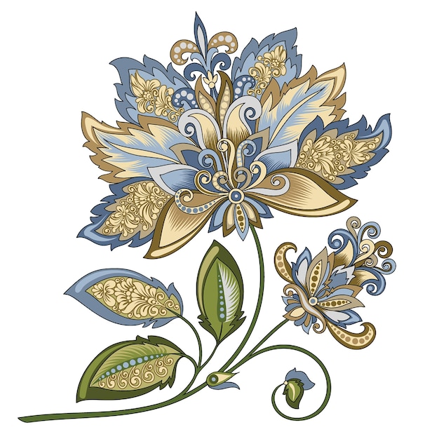 Vecteur printvector clipart décoratif vintage or fleur bleue avec style oriental sur fond blanc