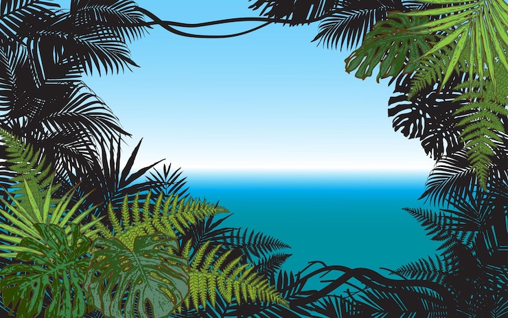 Vecteur printvector image de palmiers de la jungle comme cadre pour le texte sur fond de mer