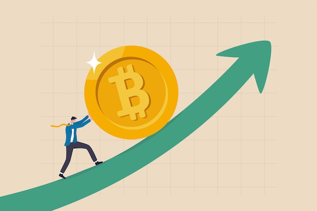 Le prix du bitcoin et de la crypto monte, monte en flèche et augmente les prix, croissance de la valeur de la monnaie crypto, concept d'adoption massive, investisseur d'affaires s'efforçant de pousser le bitcoin vers le haut du graphique et du graphique en flèche