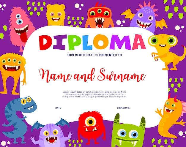 Prix des personnages de monstre de dessin animé de diplôme pour enfants