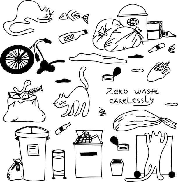 Vecteur problème du gaspillage alimentaire ensemble d'éléments avec lettrage zéro gaspillage négligemment et chats sans abri