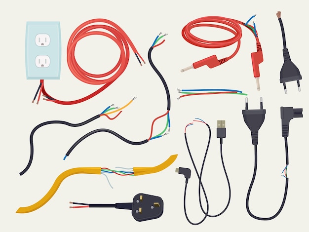 Vecteur problème électrique. câble de communication endommagé avec prise de connexion cassée couper le vecteur de signal électrique