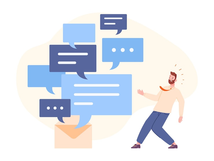 Vecteur problème de manychat client d'homme d'affaires confus submergé par de nombreux messages bulles excès de pression d'information concept de courrier électronique spam