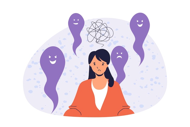 Problème de santé mentale concept web avec dessin animé plat personnes pour la conception du site Web Femme se sentant inquiète pensées et frustration bouleversé et triste esprit ayant besoin de thérapie psychothérapeutique illustration vectorielle