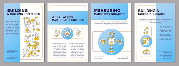 Problèmes de marketing généraux dans le modèle de brochure bleu d'entreprise Marque d'entreprise Conception de dépliant avec des icônes linéaires 4 mises en page vectorielles pour la présentation des rapports annuels Arial Myriad Pro Polices régulières utilisées