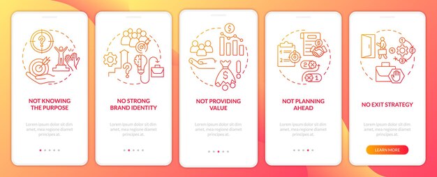 Problèmes rencontrés par les nouvelles startups dégradé rouge écran d'application mobile d'intégration