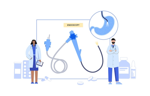 Procédure de gastroscopie Le gastro-entérologue utilise un gastroscope Diagnostic de l'estomac par endoscopie en clinique Gastro-entérologie Infection gastro-intestinale Maladie du tube digestif et traitement vecteur plat