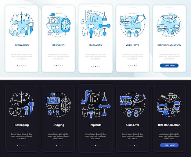 Procédures De Dentisterie Mode Nuit Et Jour écran D'application Mobile D'intégration Procédure Pas à Pas Pages D'instructions Graphiques En 5 étapes Avec Concepts Linéaires Modèle D'interface Utilisateur Graphique Ui Ux Myriad Probold Polices Régulières Utilisées