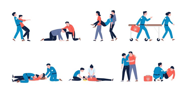 Vecteur procédures de premiers soins médicaux d'urgence et de réanimation 911 ou 112 ambulance et ambulanciers avec patient formation de sauvetage cpr scènes vectorielles récentes d'urgence illustration de la santé