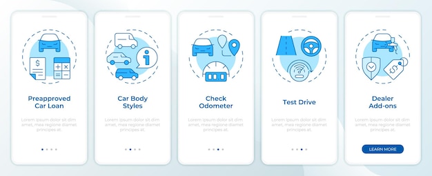 Processus d'achat de voiture bleu écran d'application mobile d'intégration