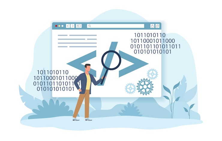 Vecteur processus d'apprentissage de la programmation informatique en code binaire compréhension du langage informatique système de calcul ou technologie développement ou codage de logiciels concept plat de dessin animé vectoriel