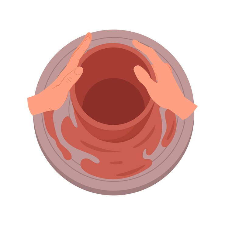 Vecteur processus d'atelier de poterie de dessins animés céramique fabriquant des pots studio de poterie modélisation vase d'argile illustration vectorielle plate mains de potier fabriquant un vase sur une roue de poterie