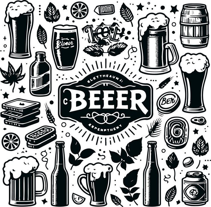 Vecteur processus de brasserie de bière emblématique et équipement de boissons design d'illustration vectorielle remplie noire