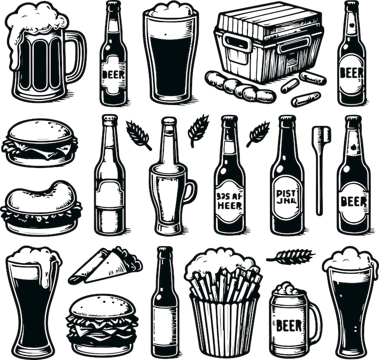 Vecteur processus de brasserie de bière emblématique et équipement de boissons design d'illustration vectorielle remplie noire
