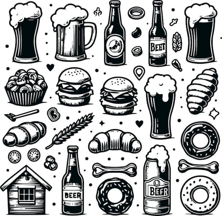 Vecteur processus de brasserie de bière emblématique et équipement de boissons design d'illustration vectorielle remplie noire