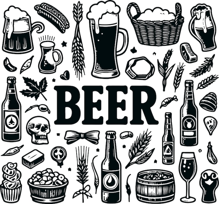 Vecteur processus de brasserie de bière emblématique et équipement de boissons design d'illustration vectorielle remplie noire
