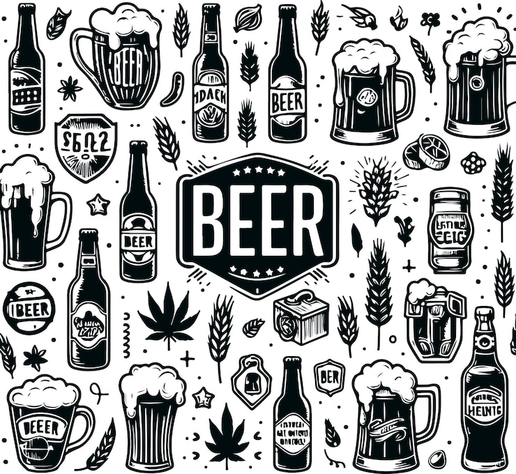 Vecteur processus de brasserie de bière emblématique et équipement de boissons design d'illustration vectorielle remplie noire