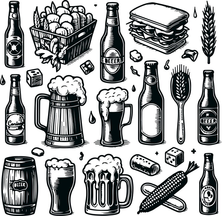 Vecteur processus de brasserie de bière emblématique et équipement de boissons design d'illustration vectorielle remplie noire
