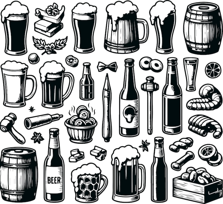 Vecteur processus de brasserie de bière emblématique et équipement de boissons design d'illustration vectorielle remplie noire