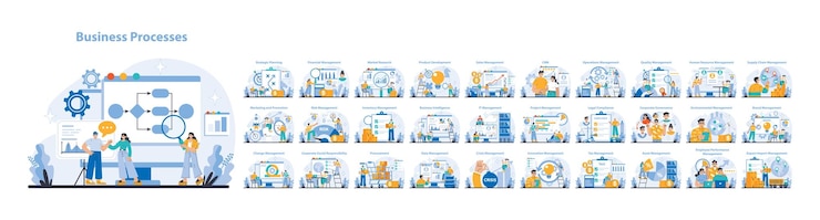 Vecteur les processus commerciaux fournissent une vue panoramique des processus commerciaux essentiels détaillant les stratégies