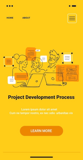 Processus de développement de projet collaboration d'équipe ordinateurs portables style croquis modèle web de fond jaune