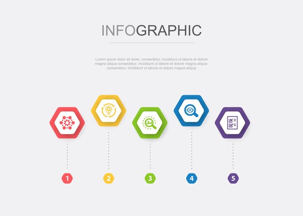 Processus d'entreprise mettre en œuvre analyser enquêter sur les icônes de test Modèle de conception infographique Concept créatif avec 5 étapes