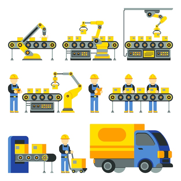 Processus De Fabrication Avec Des Icônes Plats De Ligne De Production Usine. Equipement D'usine Et Industriel