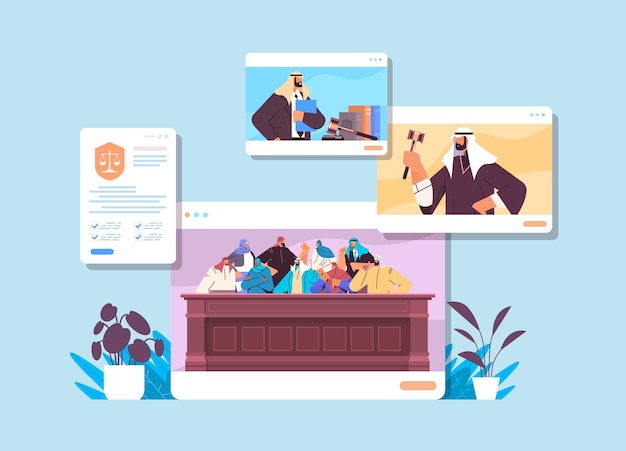 Vecteur processus juridique avec juge jury suspect et avocat ou avocat dans le concept de session de tribunal en ligne de fenêtres de navigateur web