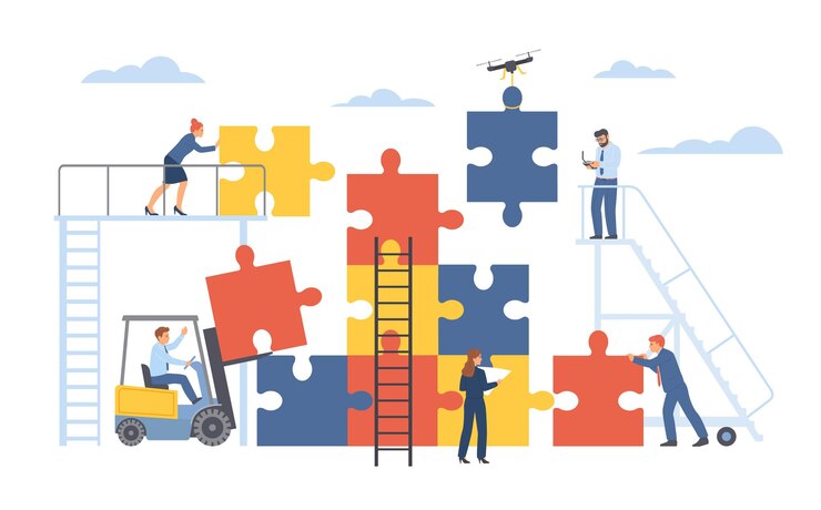 Processus de travail d'équipe Les employés de bureau assemblent un grand puzzle ensemble une interaction efficace la productivité des employés coordonnés travaillent en collaboration dans le concept isolé de dessin animé de vecteur d'affaires commun