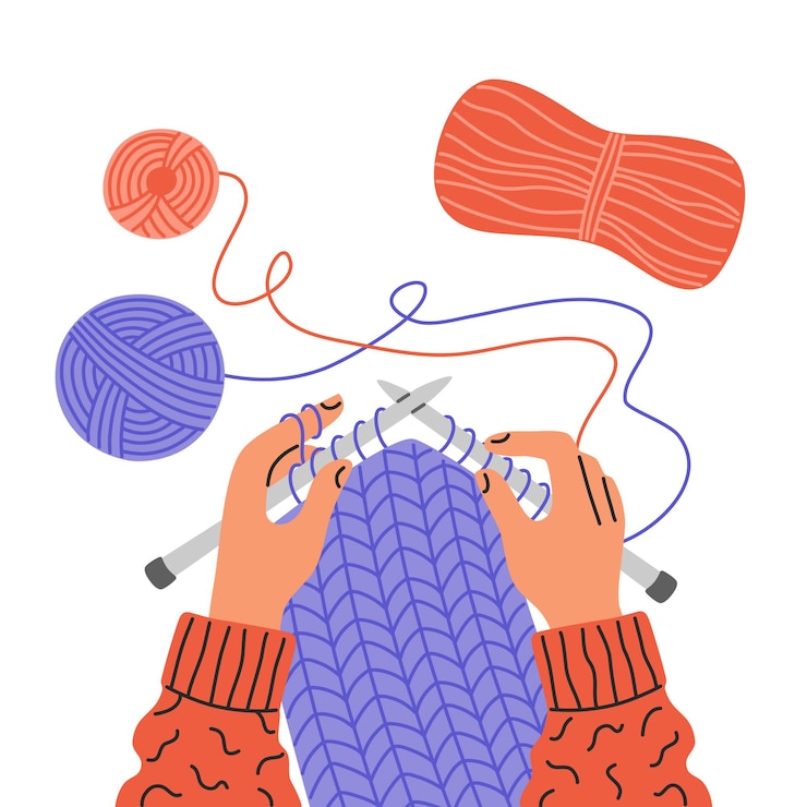 Vecteur processus de tricotage, vue de dessus sur les mains tenant des aiguilles. fils et pelotes de fil. éducation des enfants et passe-temps. illustration moderne dans un style cartoon plat, isolé sur fond blanc.