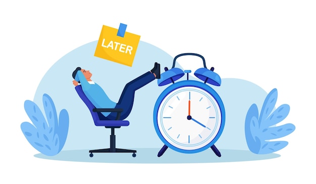 Procrastination ou échéance du projet Femme d'affaires paresseuse assise sur les aiguilles de l'horloge rêvant et procrastinant au lieu de travailler Productivité et efficacité au travail Remettre à plus tard les tâches à faire