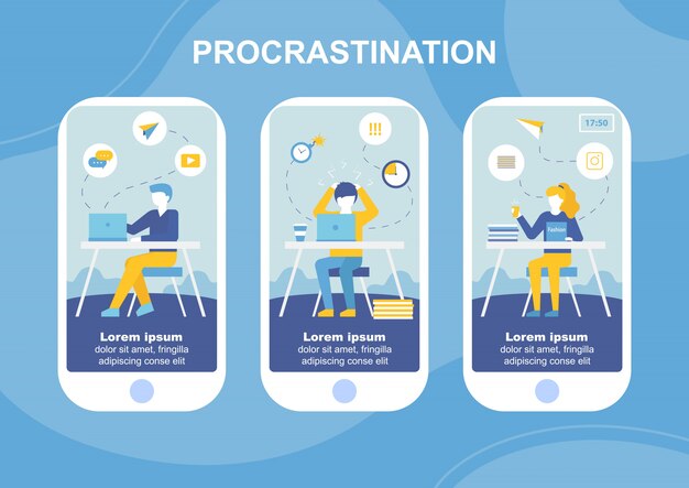 Procrastination Mobile Set Landing Page Flat Set