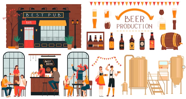 Vecteur production de bière de brasserie, personnes en pub, ensemble de personnages de dessins animés sur blanc, illustration