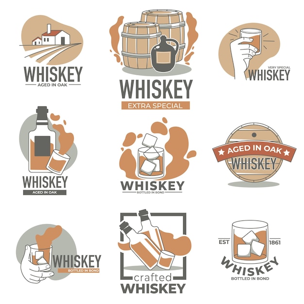 Production De L'industrie De L'alcool, Marque De Whisky Ou De Brandy, étiquettes Isolées Ou Emblèmes Avec Fûts De Chêne Et Bouteilles