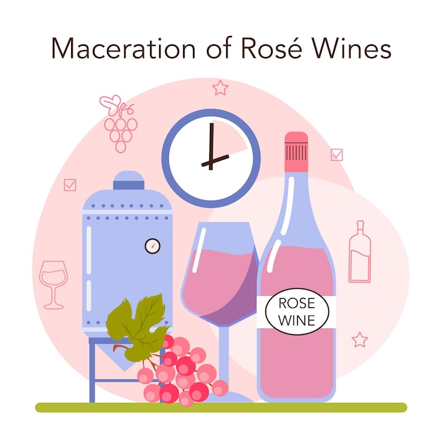 Production De Vin. Macération De Vins Rouges Et Rosés. Amélioration Des Caractéristiques, De L'apparence, Du Goût Et De La Durée De Conservation Des Boissons Alcoolisées. Vin En Bouteille Ou En Verre. Illustration Vectorielle