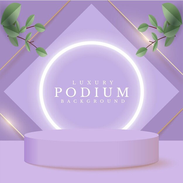 Produit d'affichage de podium violet avec ligne dorée et scène de feuille Fond de style de luxe 3d réaliste