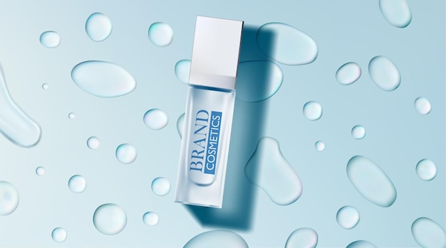 Produit d'émulsion de soin de la peau avec des gouttes d'eau sur fond bleu Vue de dessus