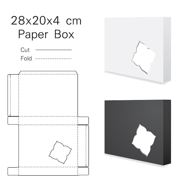 Vecteur produit d'exposition de papier de boîte d'emballage avec maquette 3d et dimensions