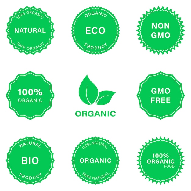 Produit Naturel Eco Stamp Silhouette Icon Set Non Ogm Green Healthy Organic Vegan Food Pictogram