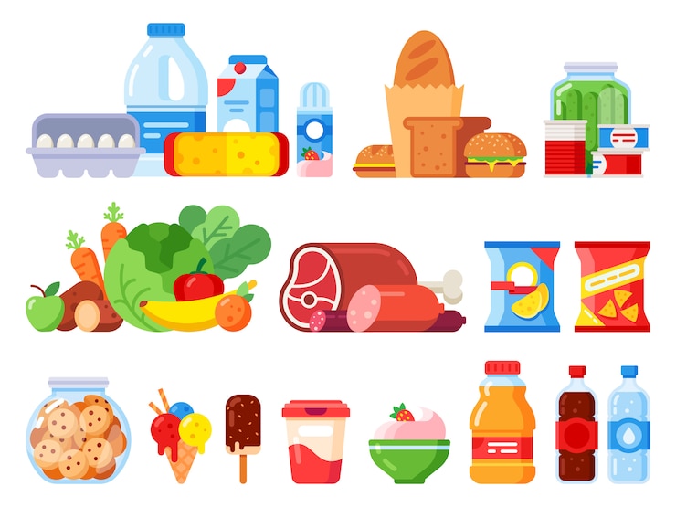 Vecteur produits alimentaires. produits de cuisson emballés, produits de supermarché et conserves. bocal à biscuits, crème fouettée et œufs emballent des icônes plates