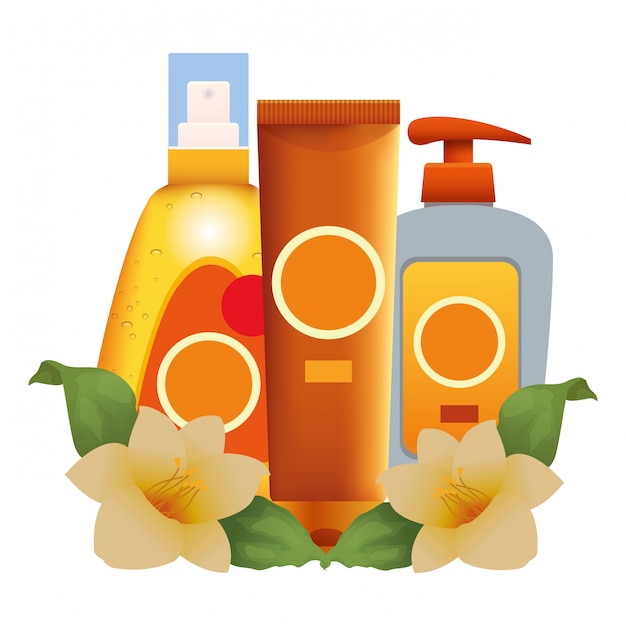 Vecteur produits de bronzage avec des fleurs