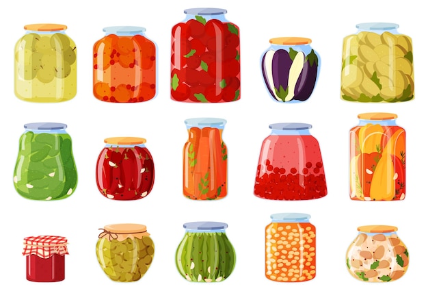 Produits en conserve dans des bocaux en verre Stockage des aliments à long terme Illustration vectorielle