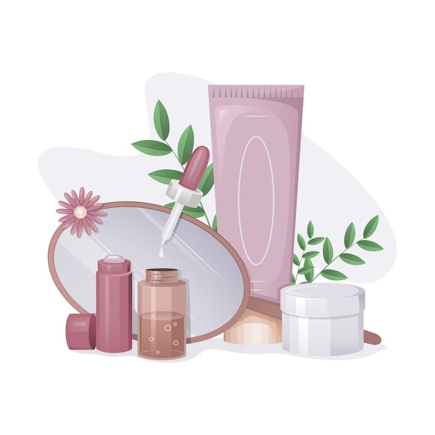 Produits cosmétiques biologiques de soins de la peau bouteilles composition et miroir sur fond floral